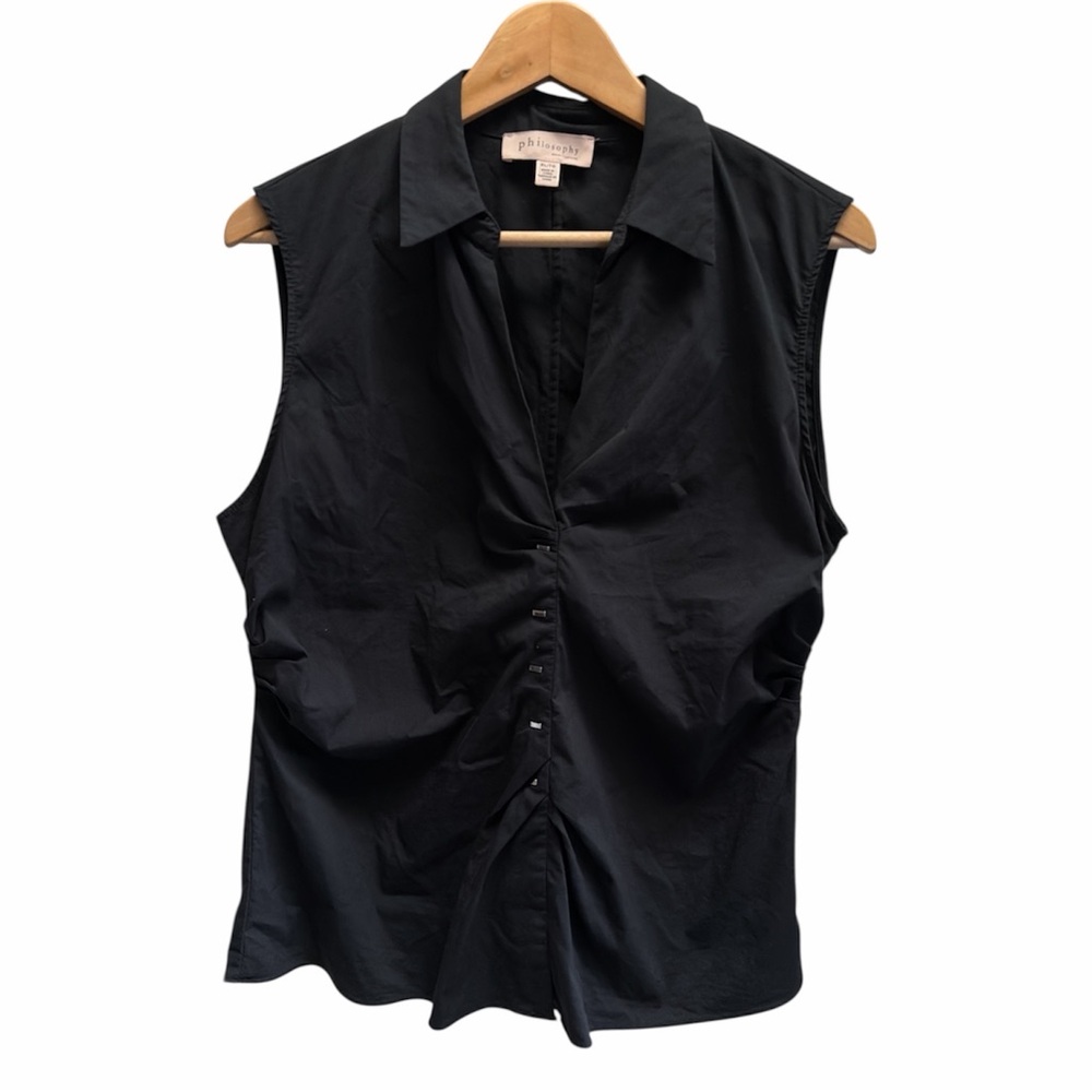 Philosophy Black Ruched Button Down Sleeveless Cotton Blend Blouse Size XL